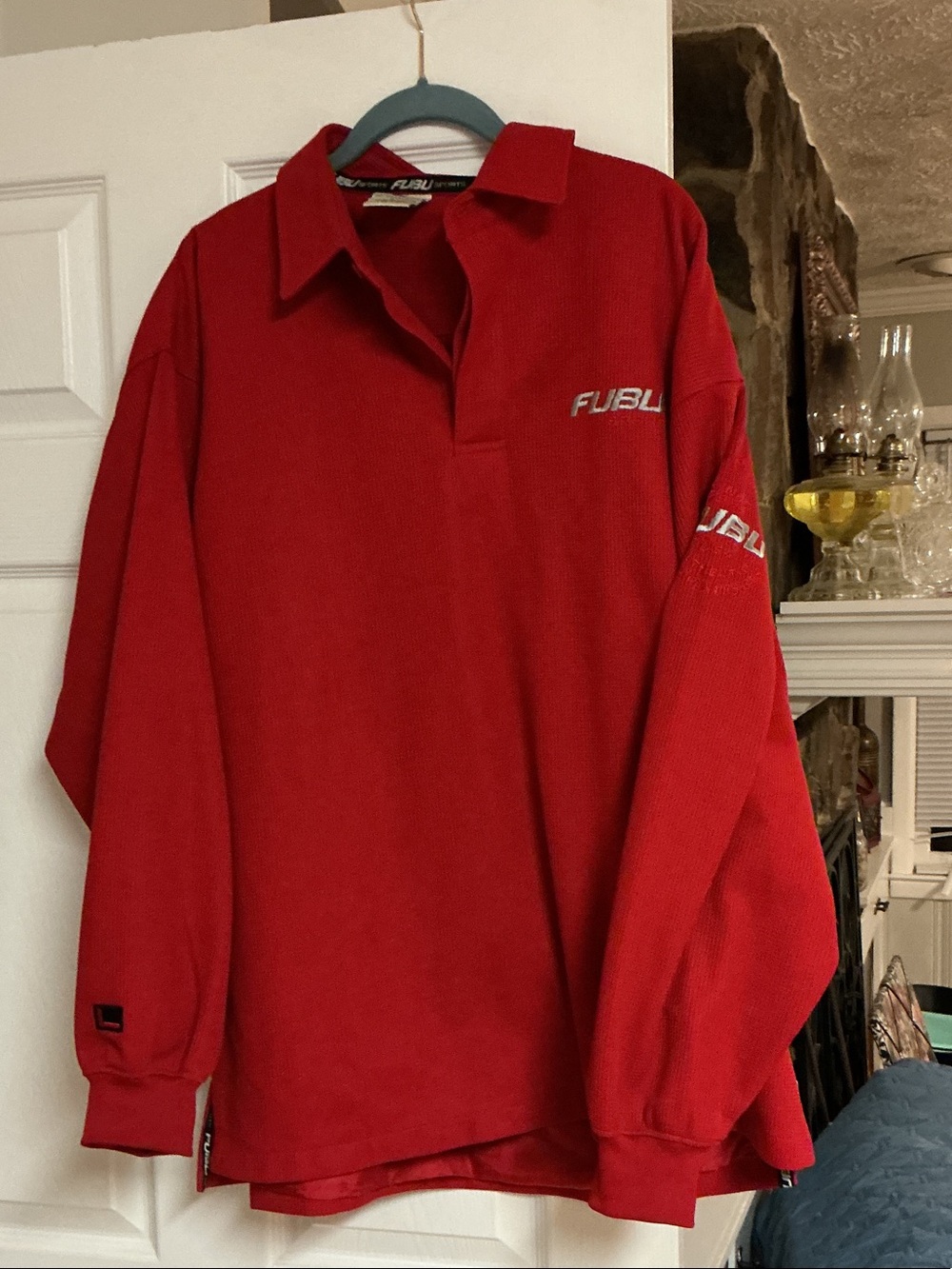 FUBU Red Long-Sleeve Polo Style Shirt with Chest Arm Back  Logo